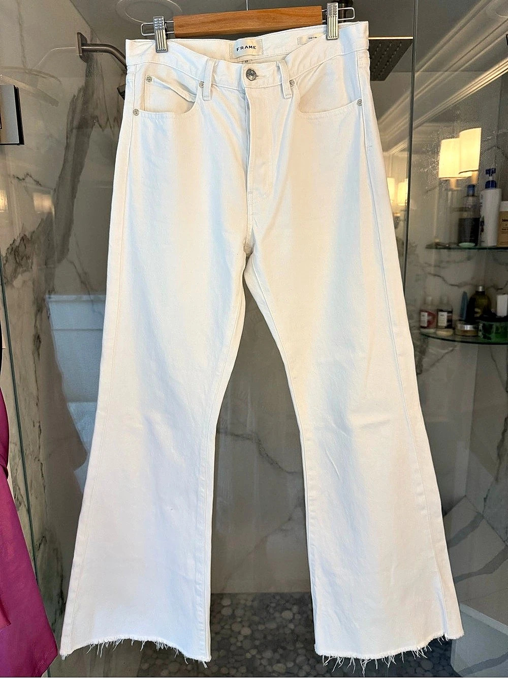 Frame The Lax Frayed High Waist Flare Jeans in White